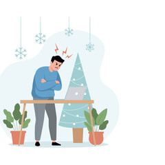Angry man working during the holidays Stress and workload frustration near Christmas