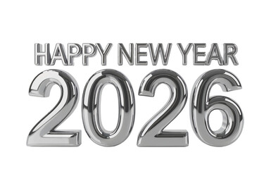 Happy New Year 2026 Silver Text and Numbers isolate on transparent background Isolated metallic
