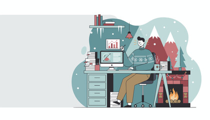 Man working remotely on data analysis in a cozy winter home office setting