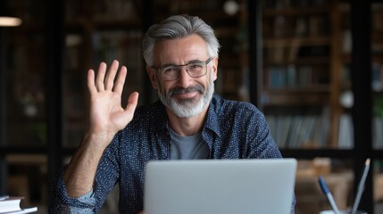happy mature business man executive waving hand using laptop computer having video conference call virtual meeting professional training negotiation remote working online in office videoconference no
