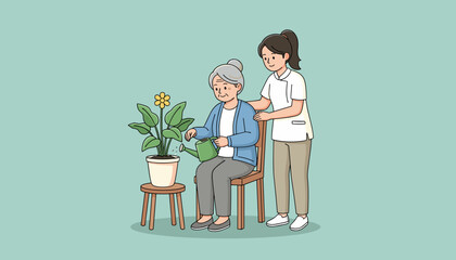 Friendly caregiver helps senior woman water a potted plant Aged care and quality of life