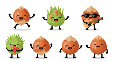 A delightful collection of adorable cartoon hazelnut characters showcasing a variety of playful poses and expressions, including musical, jumping, and loving themes.