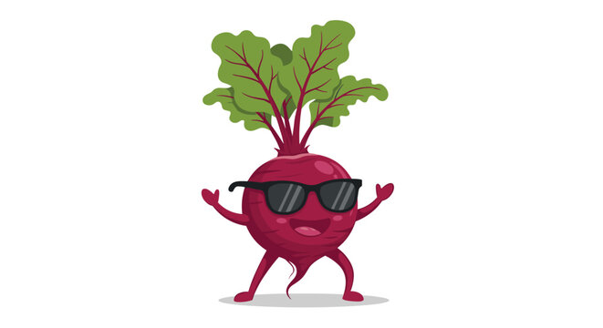 A vibrant cartoon beetroot character, complete with stylish sunglasses, is happily smiling and posing with its arms raised on a clean white background.