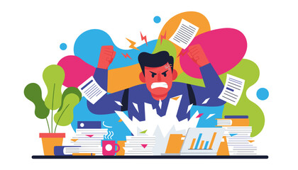 Office burnout Angry employee overwhelmed by excessive paperwork workload and workplace stress