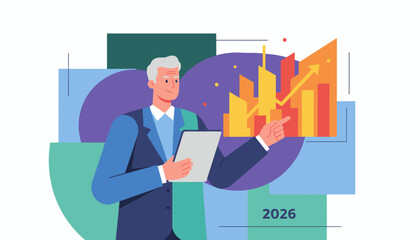 Senior executive shows future business growth plan pointing at uptrend graph and city skyline