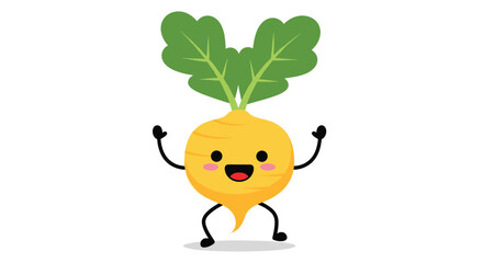 Obraz premium A cheerful and adorable cartoon turnip character with vibrant green leaves smiles happily, striking a playful pose on a clean white background, radiating joy and fun.