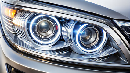 Closeup of a modern car headlight with intricate design and bright illumination on gray car