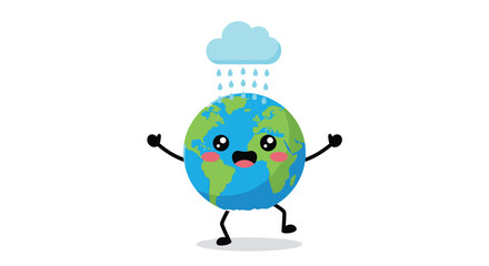 Obraz premium A joyful and cute cartoon Earth character with a happy smiling face, outstretched arms, and tiny legs, stands delighted under a small cloud showering refreshing rain.