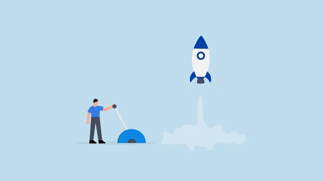 Start your own business, driven entrepreneur businessman activates lever to send rocket into the air
