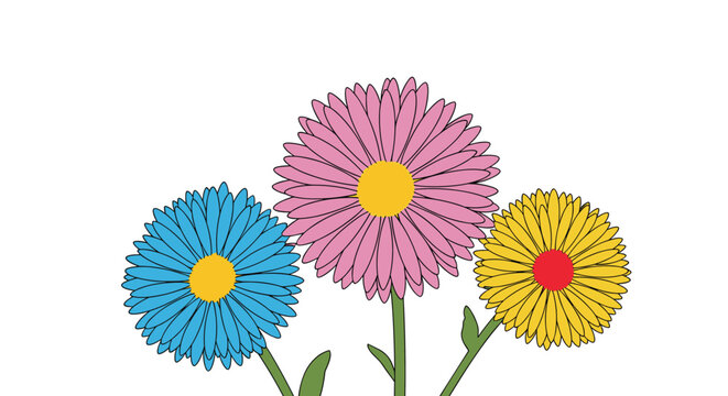 A delightful graphic illustration presents a trio of colorful aster or daisy-like flowers, featuring blue, pink, and yellow petals with contrasting centers, against a clean white backdrop.