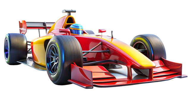 A sleek red and yellow formula one race car speeding along isolated on transparent background