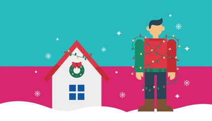 Fototapeta premium Man tangled in colorful Christmas lights outside a decorated house in winter snow
