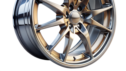 Close up of a shiny modern car wheel isolated on transparent background for design