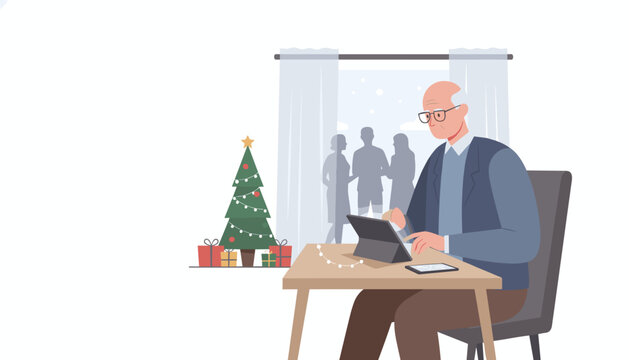 Busy senior professional working on tablet near Christmas tree during winter office party
