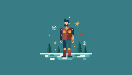 Flat design illustration of a winter woodsman character in a stylized forest with snowflakes and stars