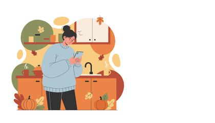 Worried woman reading a message on her smartphone in a cozy autumn kitchen environment