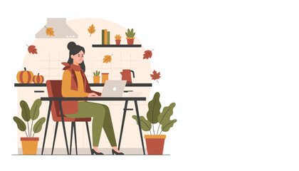 A frustrated woman works on a laptop at a kitchen counter reflecting the stress of working from home in autumn