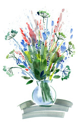 Vase with flowers watercolor drawing in white background