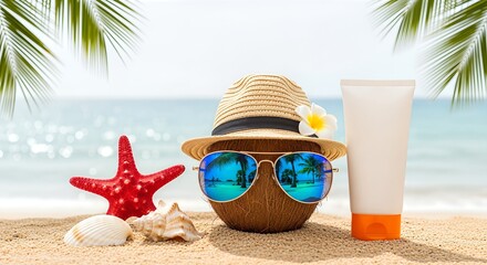 Summer beach vacation objects coconut hat sunglasses sunscreen and seashells on sand