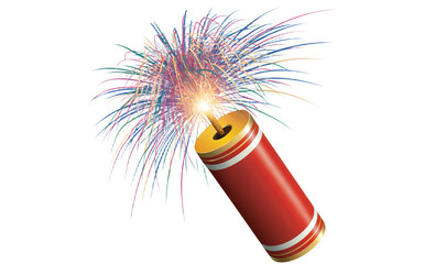 Red Firecracker Exploding with Colorful Fireworks on Black Background isolate on transparent background