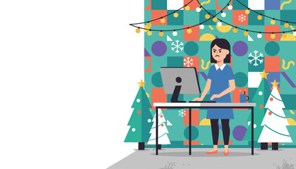 Frustrated employee working during the holidays in a festive office Flat vector art