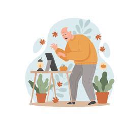 Senior man struggles with digital device autumn home scene suggests joint pain or tech confusion