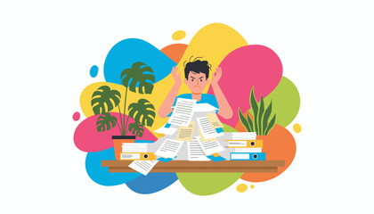 Frustrated employee stressed by excessive paperwork deadlines debt and information overload