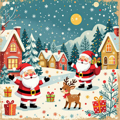Playful, quirky characters Christmas vector doodles, with whimsical vintage flair,  like smiling Santas, and reindeer, in a fairy village, white background.eps