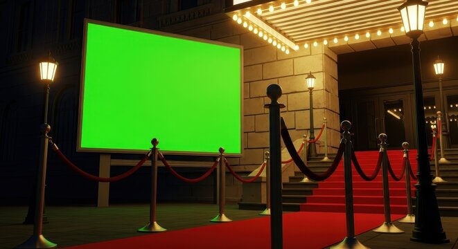 Exclusive Red Carpet Event Entrance with Green Screen Billboard and Marquee Lights at Night. - Powered by Adobe