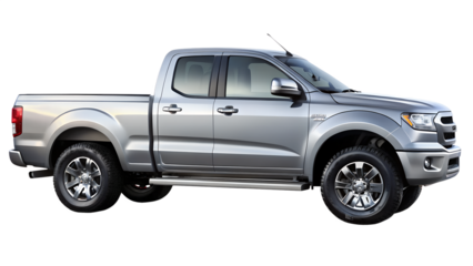 Silver pickup truck isolated on transparent background viewed from the side profile angle