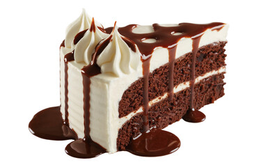 Slice of Chocolate Cake with isolate on transparent background White Frosting and Drizzle dessert sweet