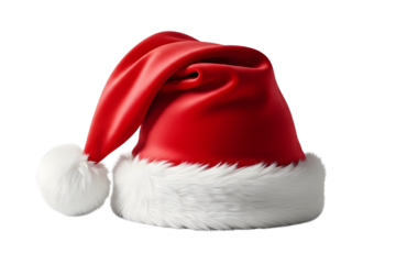 Santa hat isolated on transparent background, soft red velvet texture, white fur detail, high-quality