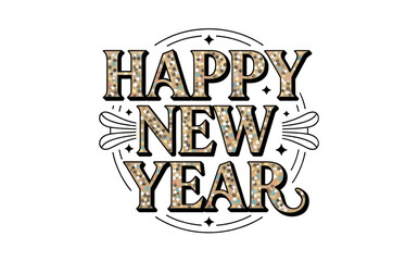 Sparkling Gold and Silver Text Happy New Year on Black Background lettering isolate on transparent background