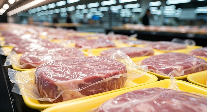 Packaged meat products displayed on shelves - Powered by Adobe