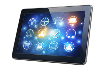 Tablet displaying online education icons isolated on transparent background, representing elearning