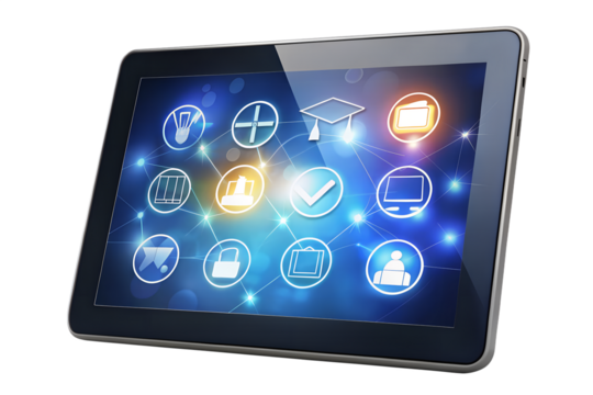Tablet displaying online education icons isolated on transparent background, representing elearning