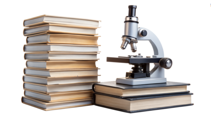 Microscope and stack of books isolated on transparent background for scientific research