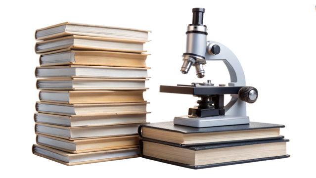 Microscope and stack of books isolated on transparent background for scientific research