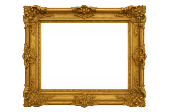 Ornate gold picture frame with baroque rococo style design, decorative vintage border on transparent background