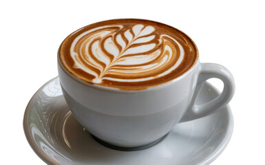 White Cup of Coffee with Latte Art on Saucer Keywords: coffee, latte, isolate on transparent background