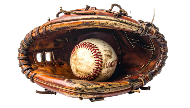 Baseball glove with weathered leather cradles a well-worn baseball
