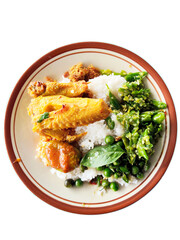Traditional Indonesian Rice Dish Served with Yellow Seasoned Chicken and Green Chili Sambal