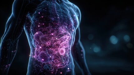 Visualization of internal organs and microscopic life in a human body illuminated by neon colors