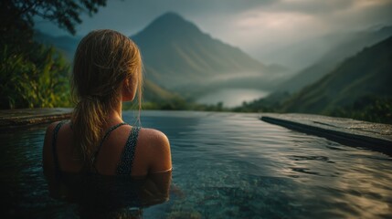 Relaxing evening in a mountain infinity pool with serene views and tranquil atmosphere