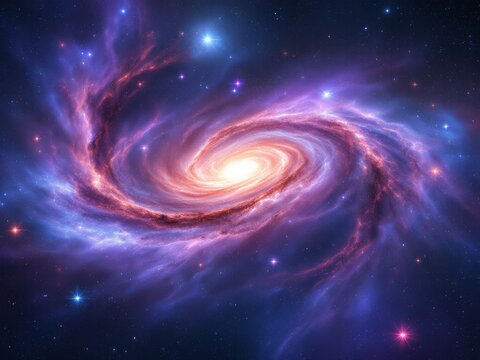 Luminous red and purple spiral galaxy with a bright core amidst twinkling stars in deep cosmic space - Powered by Adobe