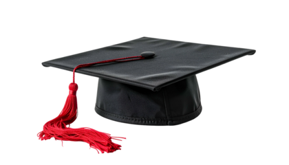 Isolated black graduation cap with red tassel against a black background