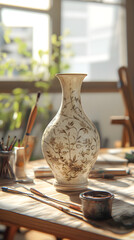 Exquisite Handcrafted Ceraic Vase Surrounded by Artit Tools in Sunlit Studio