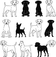 Minimalist black line art dog breed collection, simple clean outlines, white background, different head shapes and body styles, modern pet illustration, no shading, premium vector 2