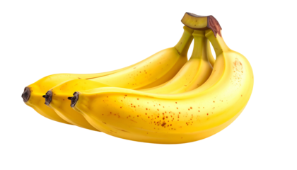 A bunch of ripe, yellow bananas with brown spots, against a solid black background