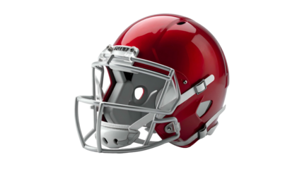 A glossy, red American football helmet with a silver facemask, set against black